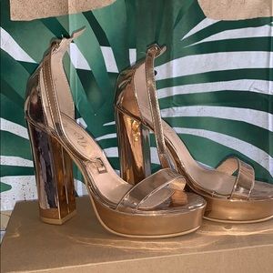 Chunky open toe gold heels